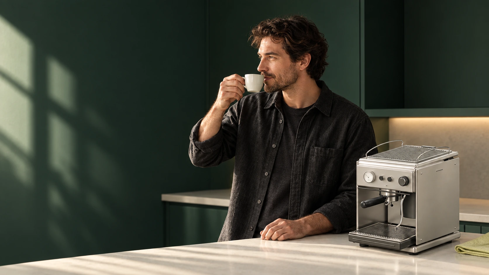 An owner returns to a quiet coffee ritual beside Vessel One, with warm directional light, forest cabinetry and a chalk ceramic cup.