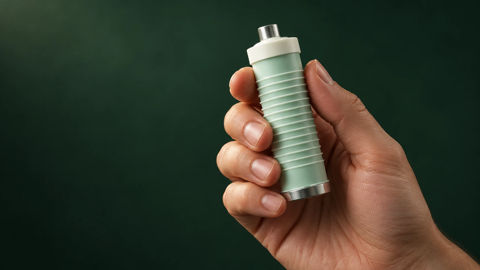 A hand holds the water filter, with its pale green ribs and metal connection clearly visible.